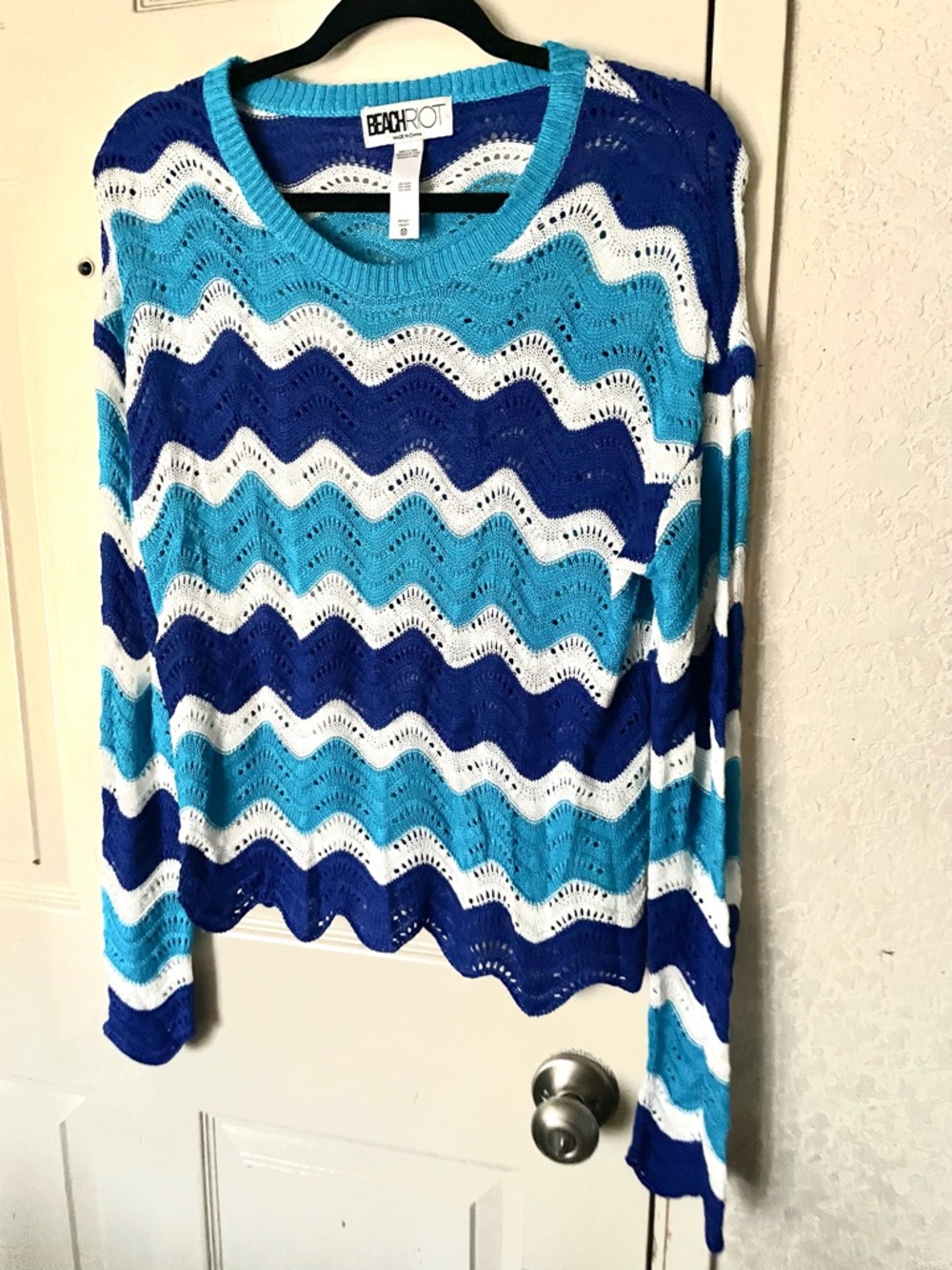 Beach Riot Turquoise, Royal Blue & White Open-Knit Sweater SZ M